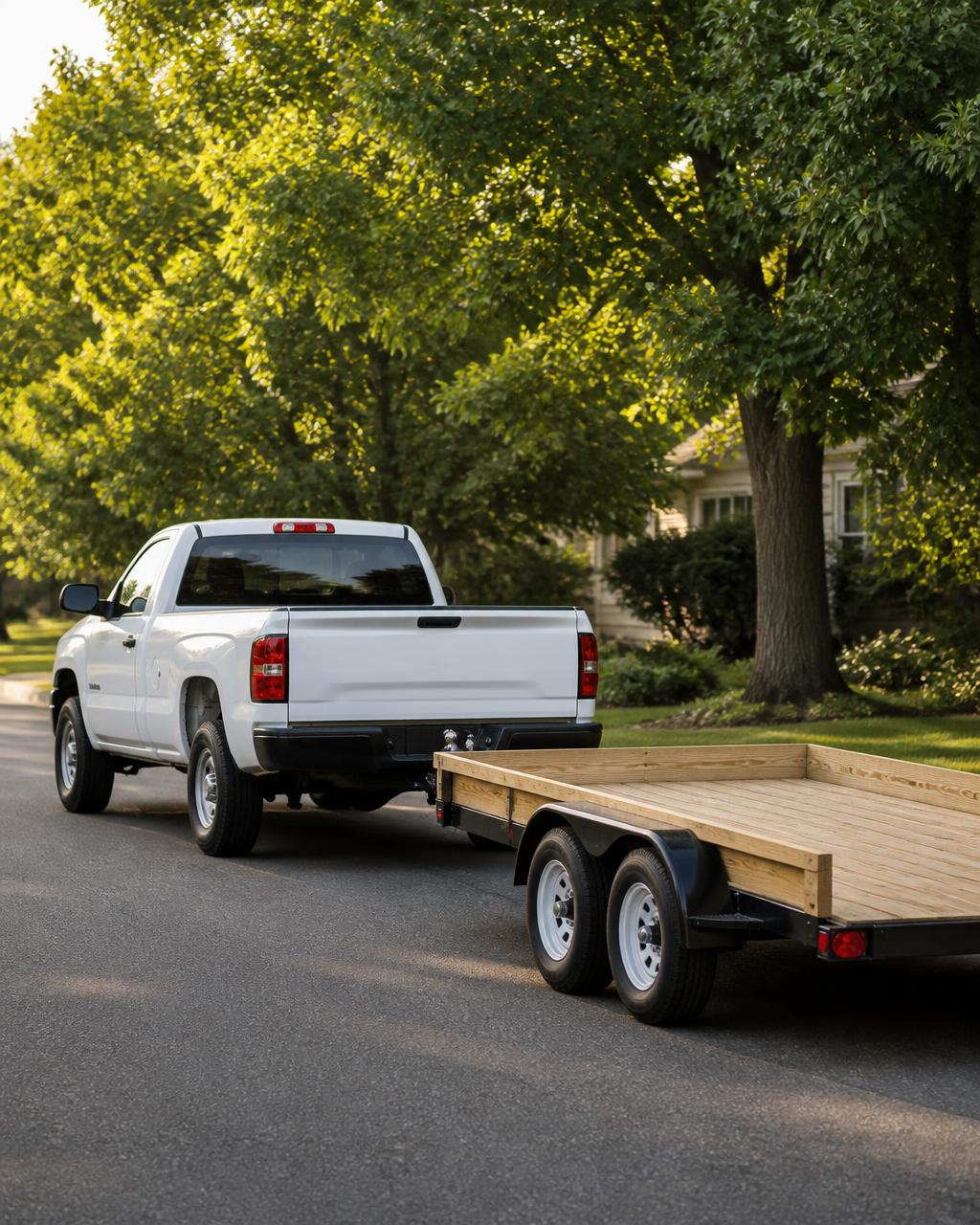 White pickup truck with wooden trailer — YSNT Hauling & Removal